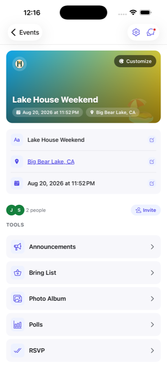 Event overview screen in Hostly